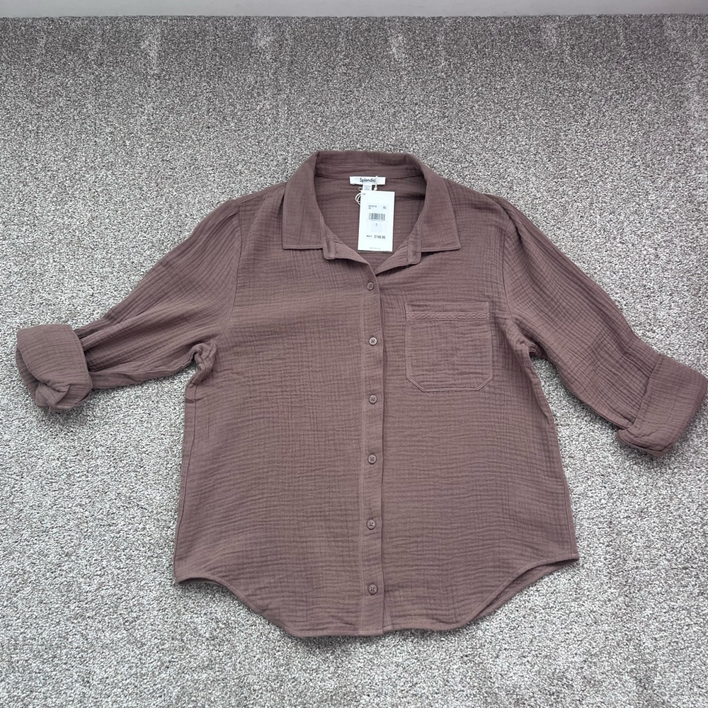 Splendid Cotton Button Down Shirt Lightweight Relaxed Fit Neutral Brown